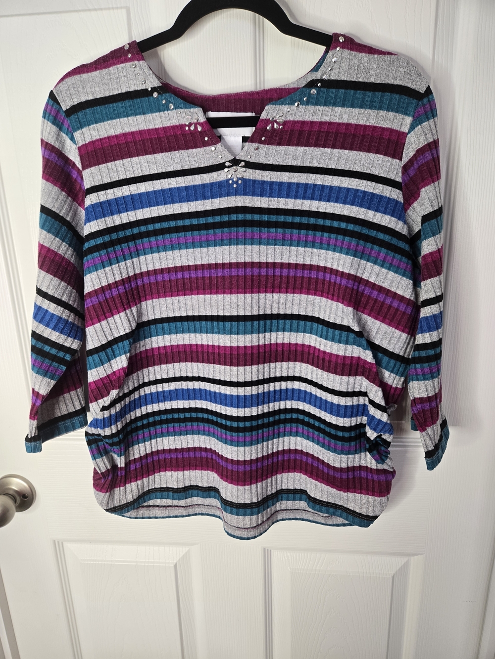 Alfred Dunner Striped V-Neck Sweater in Purple, Teal & Blue